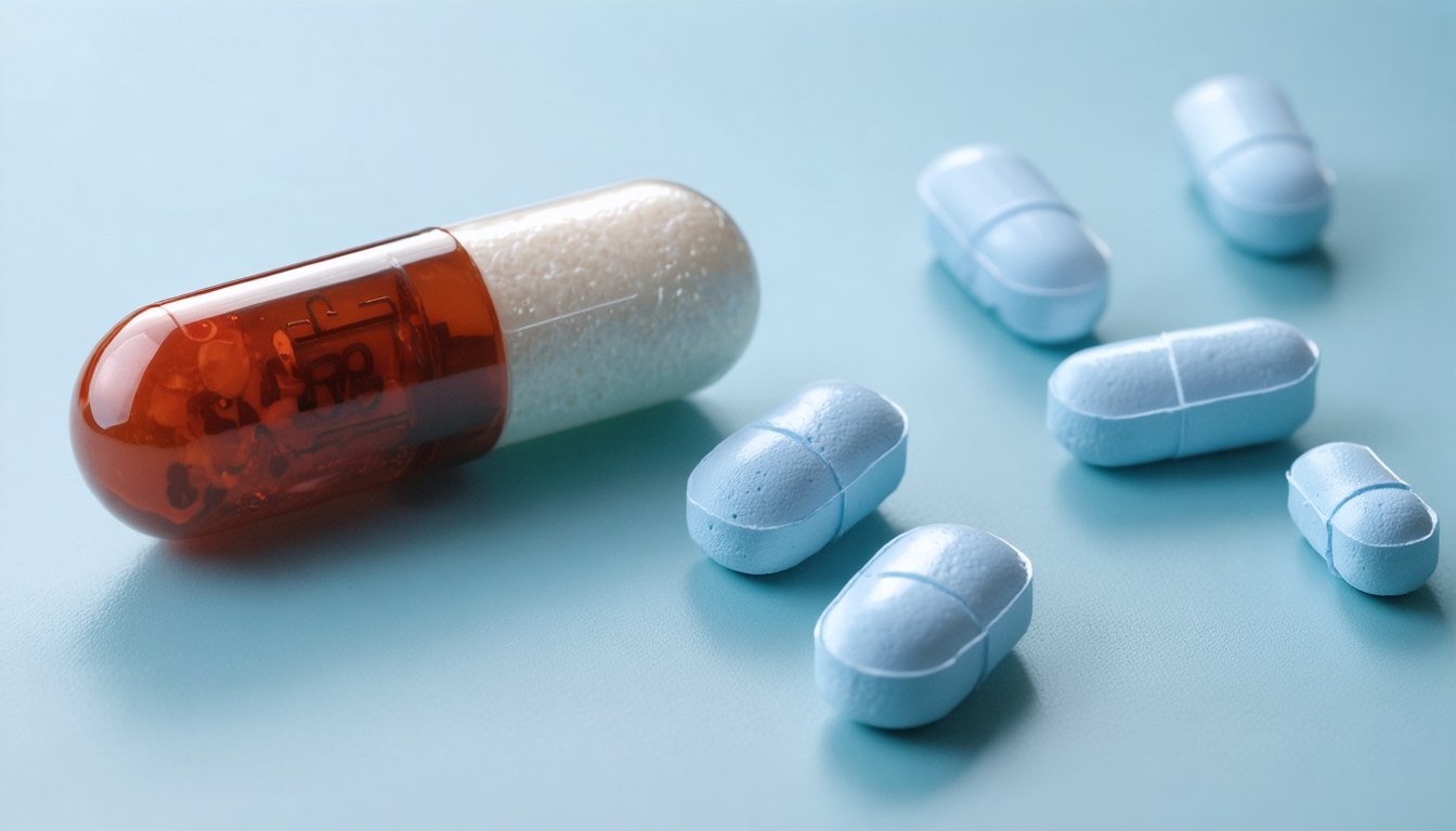 Blister pack of sildenafil tablets next to a glass of water on a bedside table